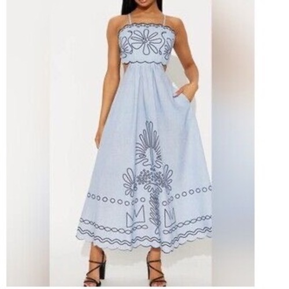 Fashion Nova Leila Denim Maxi Dress Blue Embroidered Cut Out HD1975A Womens S